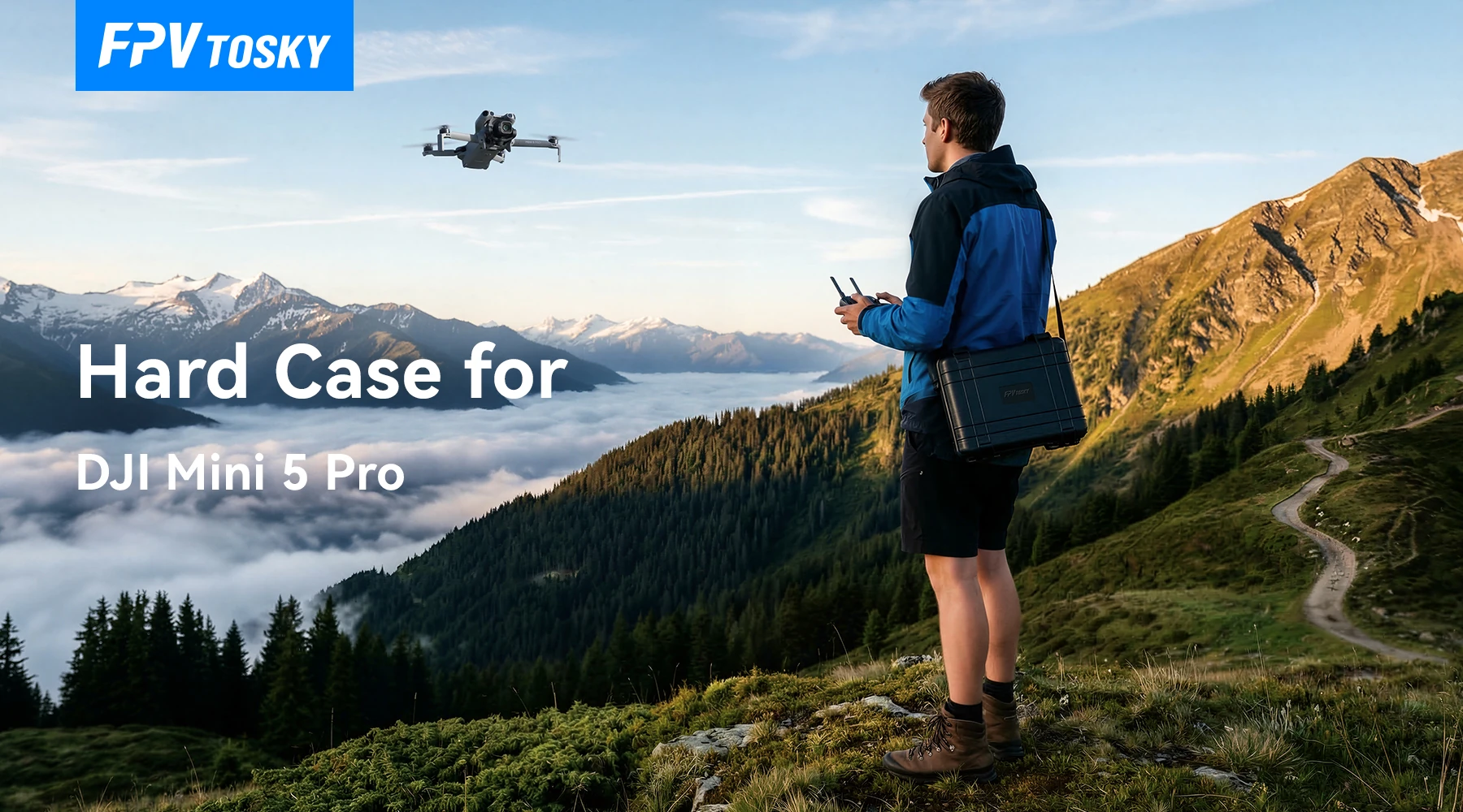 Hard case for DJI Mini 5 Pro, shown on an outdoor flight trip