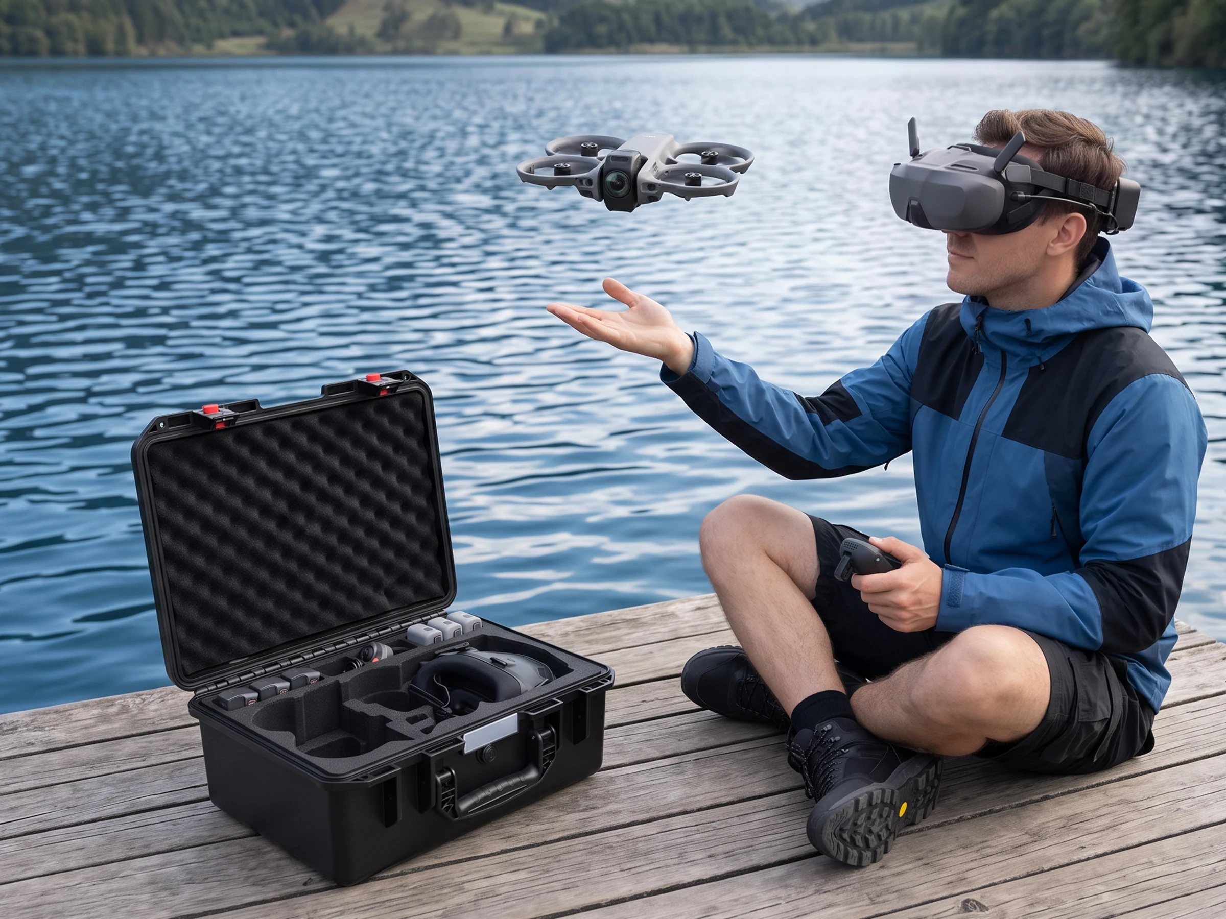 A drone pilot flying beside a lake with an organized FPVtosky hard case