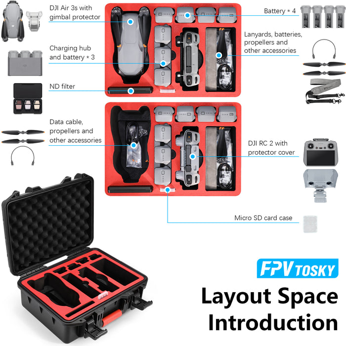 Hard Case for DJI Air 3S/Air 3 Drone/Fly More Combo, Waterproof Air 3S Hard Shell Carrying Case Accessories, Compatible with DJI RC2/ RC-N2/ RC Pro, Up to 8 Batteries