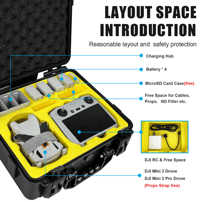 FPVtosky Waterproof Hard Case for DJI Mini 3/ Mini 3 Pro, Free Props Strap and MicroSD Card Case Included