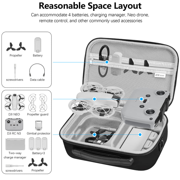 Neo Drone Case with Shoulder Strap, PU Leather Neo Travel Carrying Bag Storage Box for DJI Neo Fly More Combo and RC-N3 Controller, Battery Charging Hub Accesstories, Black
