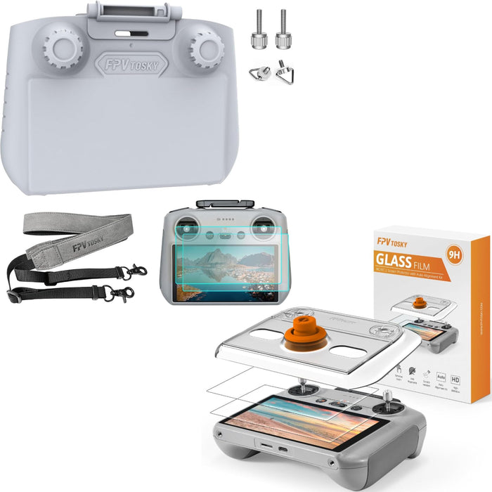 3-IN-1 Mini 4 Pro RC 2 Sun Hood protective Cover + 2 Screen Protector + Lanyard Bundle+Screen Protector for DJI Mini 4 Pro with Auto Alignment Kit for DJI RC/ RC2 Remote Controller