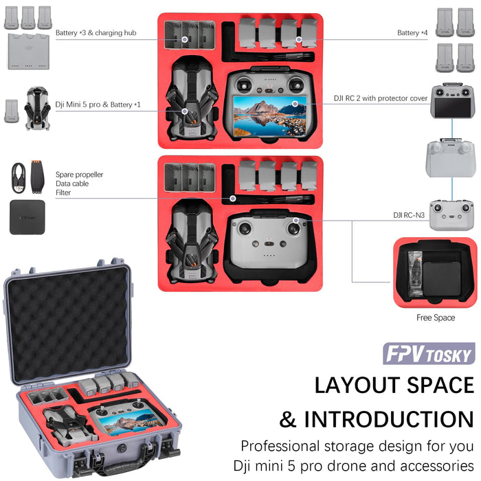 FPVtosky Waterproof  Hard Case for DJI Mini 5 Pro/Fly More Combo/Plus(4 colors)