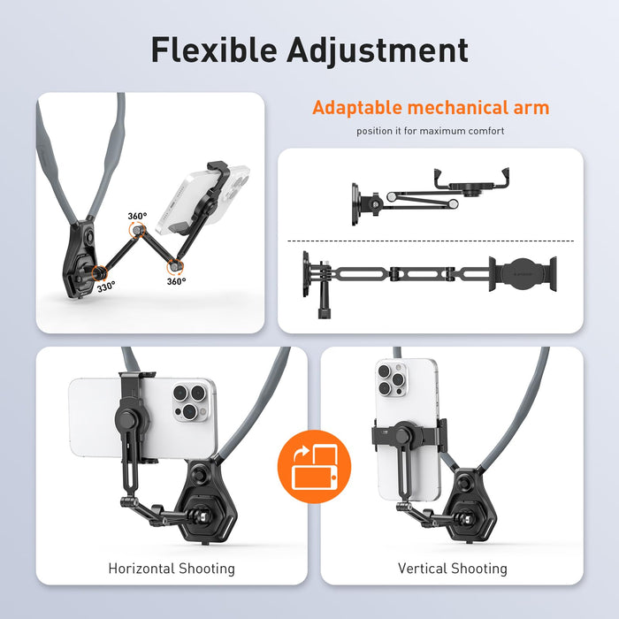Hands-Free Neck Mount for Phone & Action Camera - Adjustable Neckband Holder for iPhone, Android, POV Vlog Recording with Secure QR Magnetic Base, Elastic Anti-Shake Chest Strap